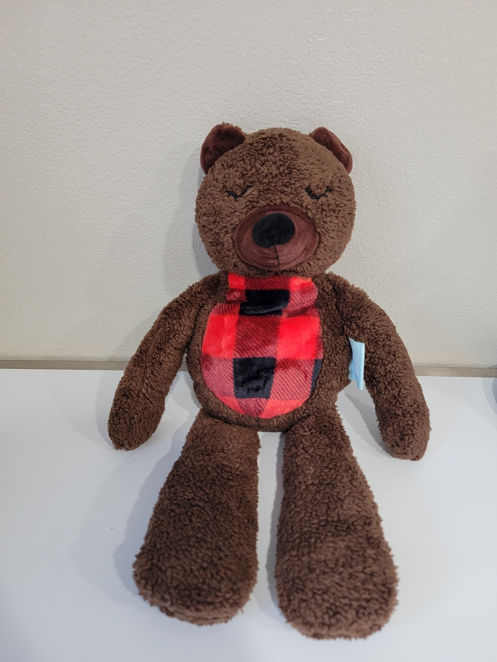 Brown Plush Bear with Red Buffalo Plaid Bib